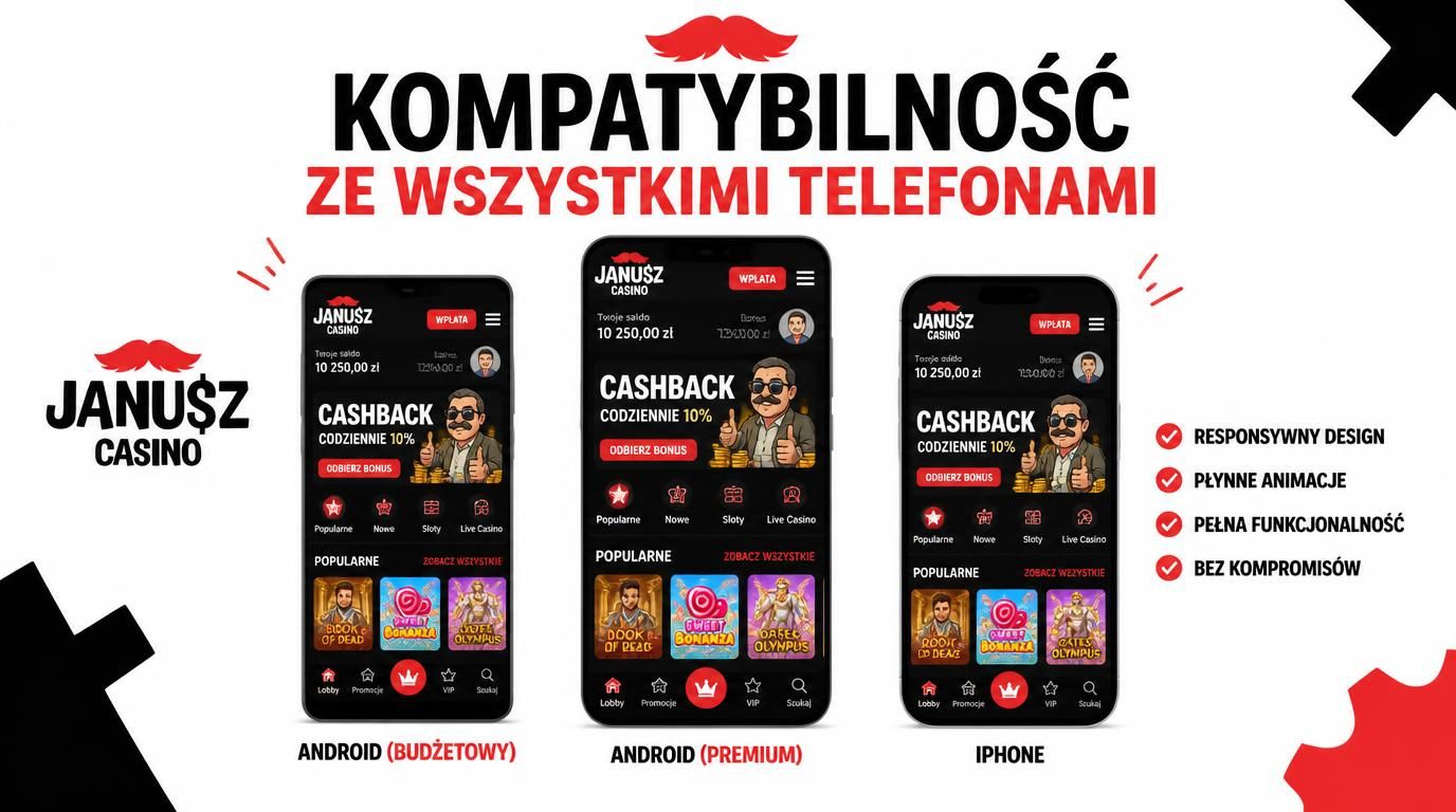 smartfony z Androidem i iOS wyświetlające lobby Janusz Casino
