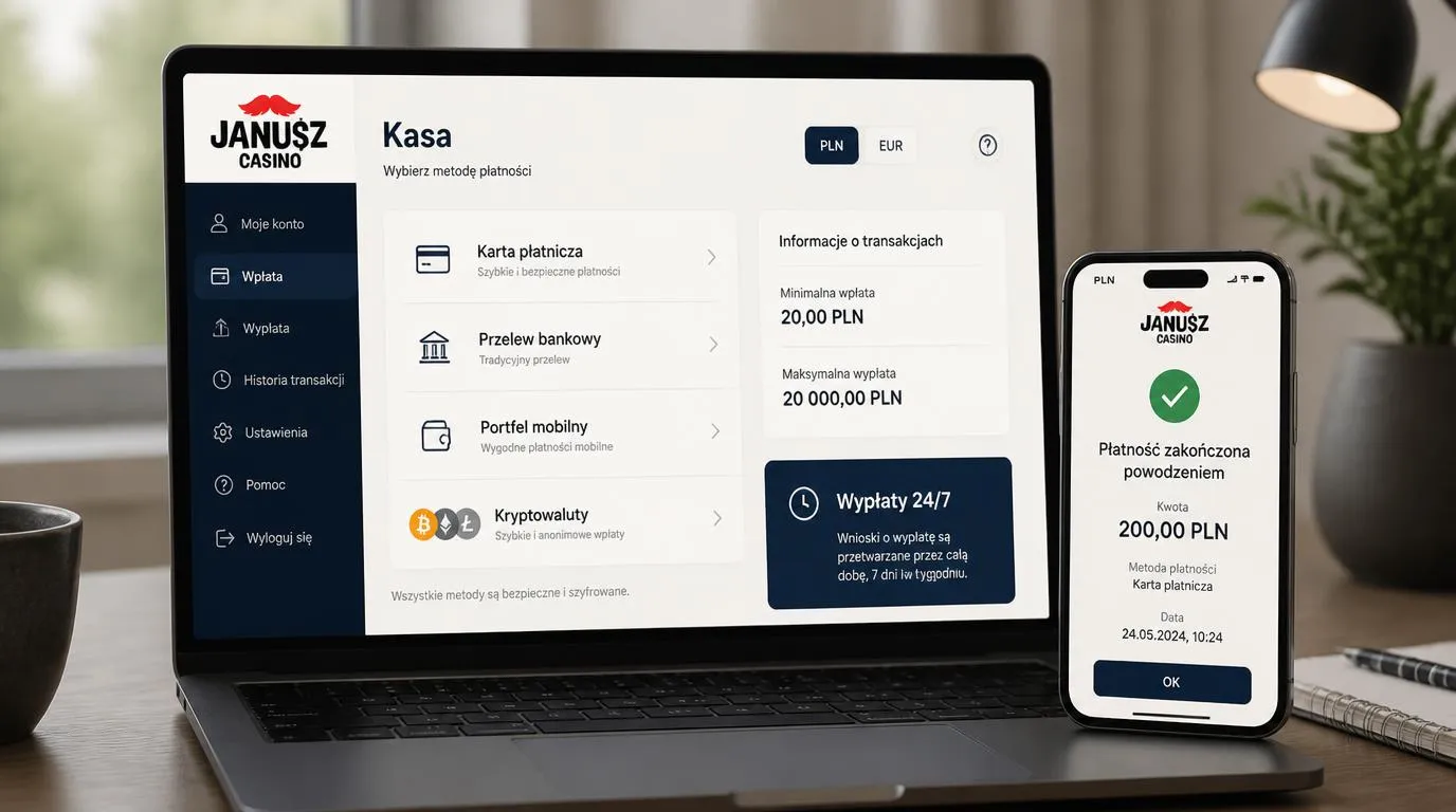Ekran kasy z wyborem płatności, walutami PLN i EUR oraz informacją o limicie wypłaty