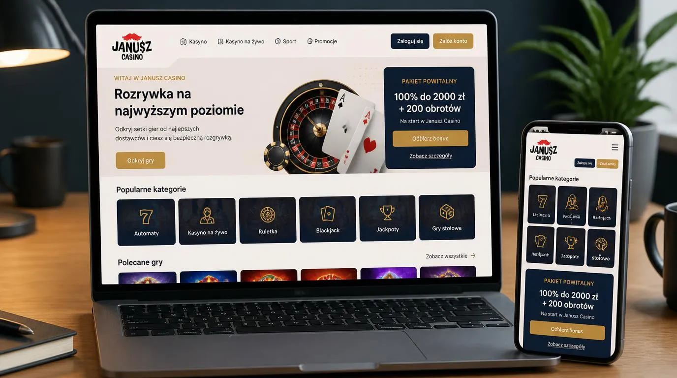 Ekran kasyna z kategoriami gier i wyróżnioną ofertą powitalną