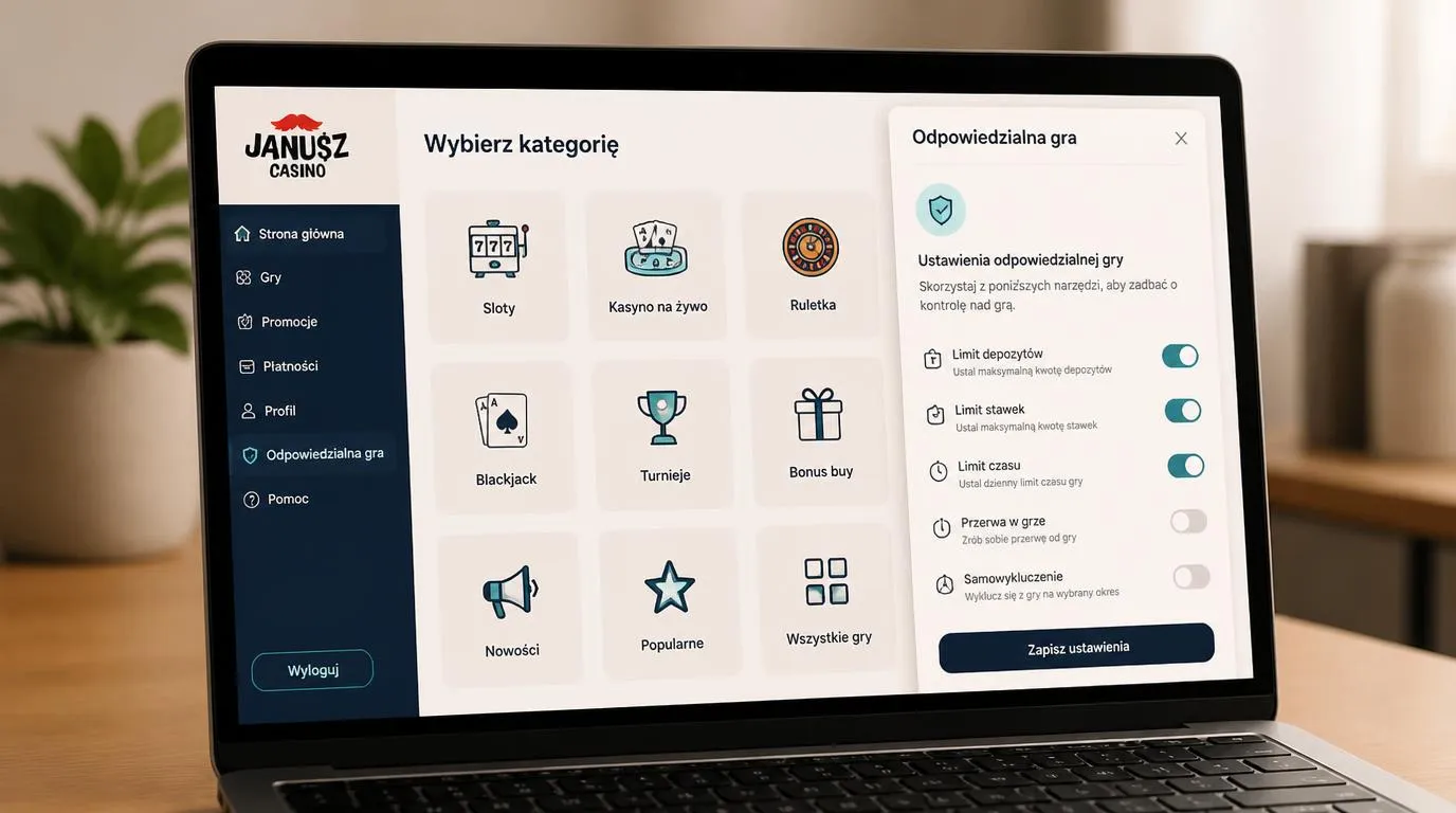 Ekran kasyna z kategoriami gier i panelem ustawień odpowiedzialnej gry